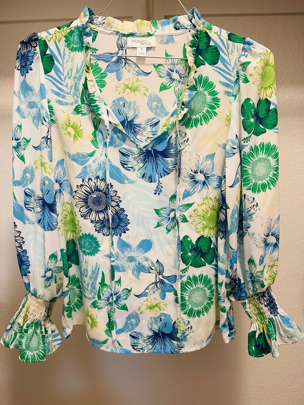 Morgan Taylor Floral Tie-Neck Blouse in Green & Blue